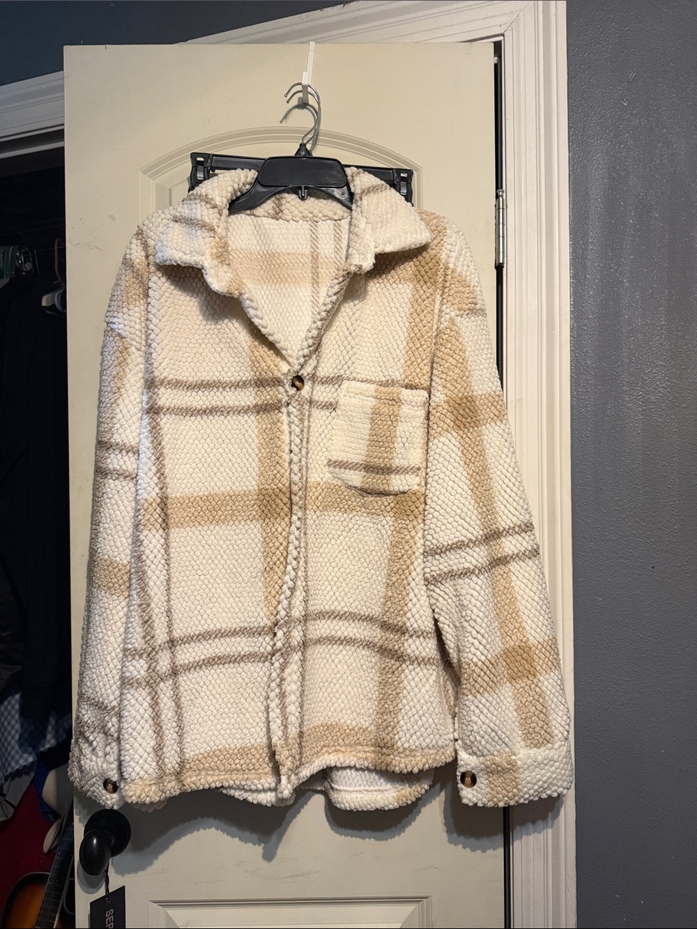 Cream & Tan Plaid Sherpa Shacket